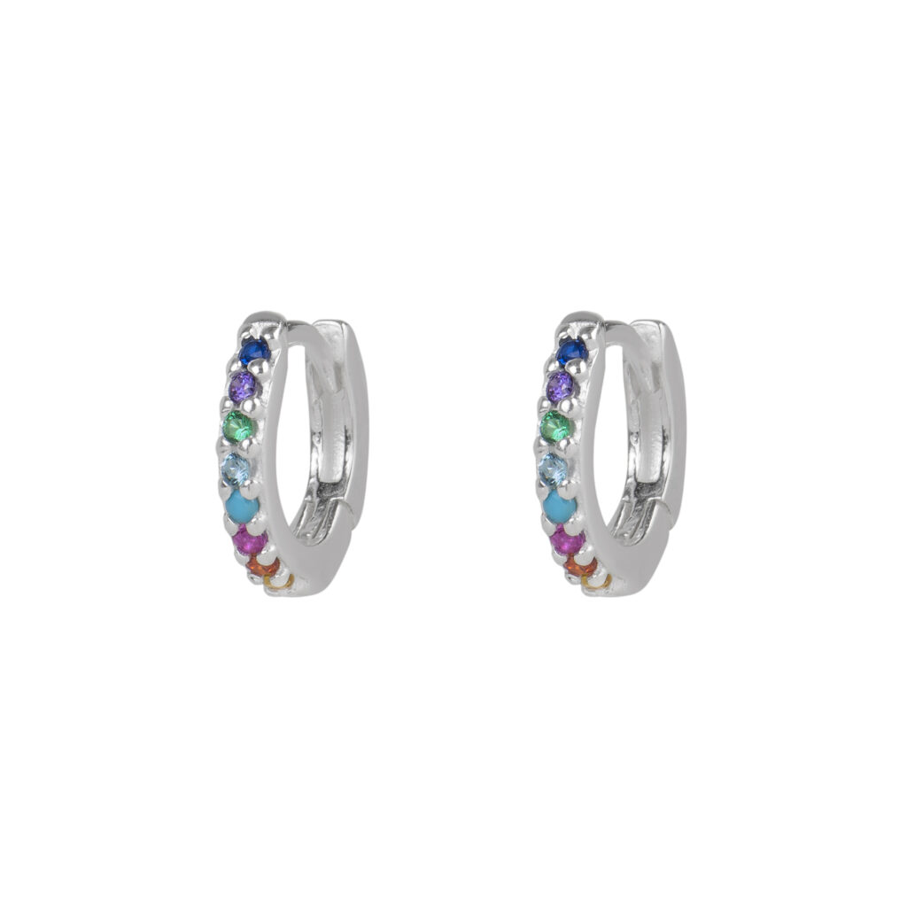 Brinco de Prata Argola Cravejada Colorida 1 cm