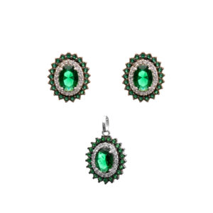 Conjunto de Prata Oval Zircônia Verde