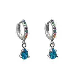 Brinco Argola Colorida Pingente Gota Azul Prata 925