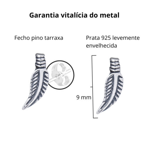 Brinco de prata 925 pequeno pena envelhecida 9,0 mm - Imagem 3