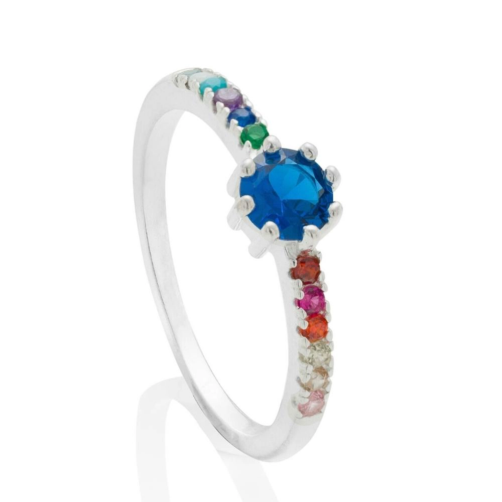 Anel de prata 925 zircônia redonda azul escuro com zircônias coloridas - Imagem 1