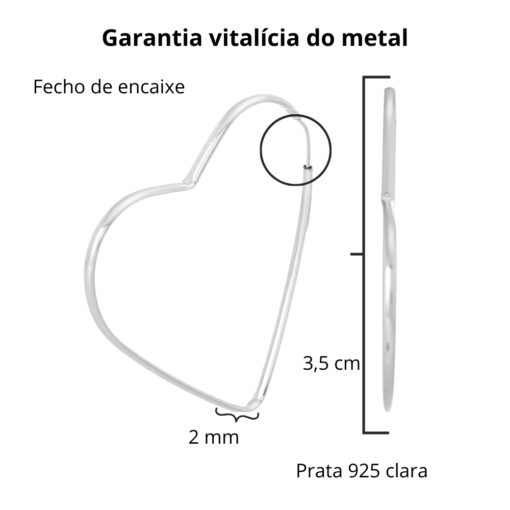 Brinco de prata 925 argola coração liso 3,5 cm - Imagem 4