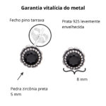 Brinco de prata 925 zircônia redonda preta 8,0 mm - Imagem 3