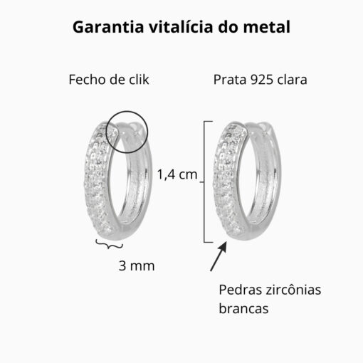 Brinco de prata argolinha cravejada com 2 fileiras de zircônia 1,4 cm - Imagem 3
