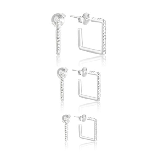 Trio de brincos em prata 925 argolas quadradas cravejadas - Imagem 1