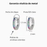 Brinco de prata 925 argola pequena cravejada com zircônias coloridas 1,1 cm - Imagem 3