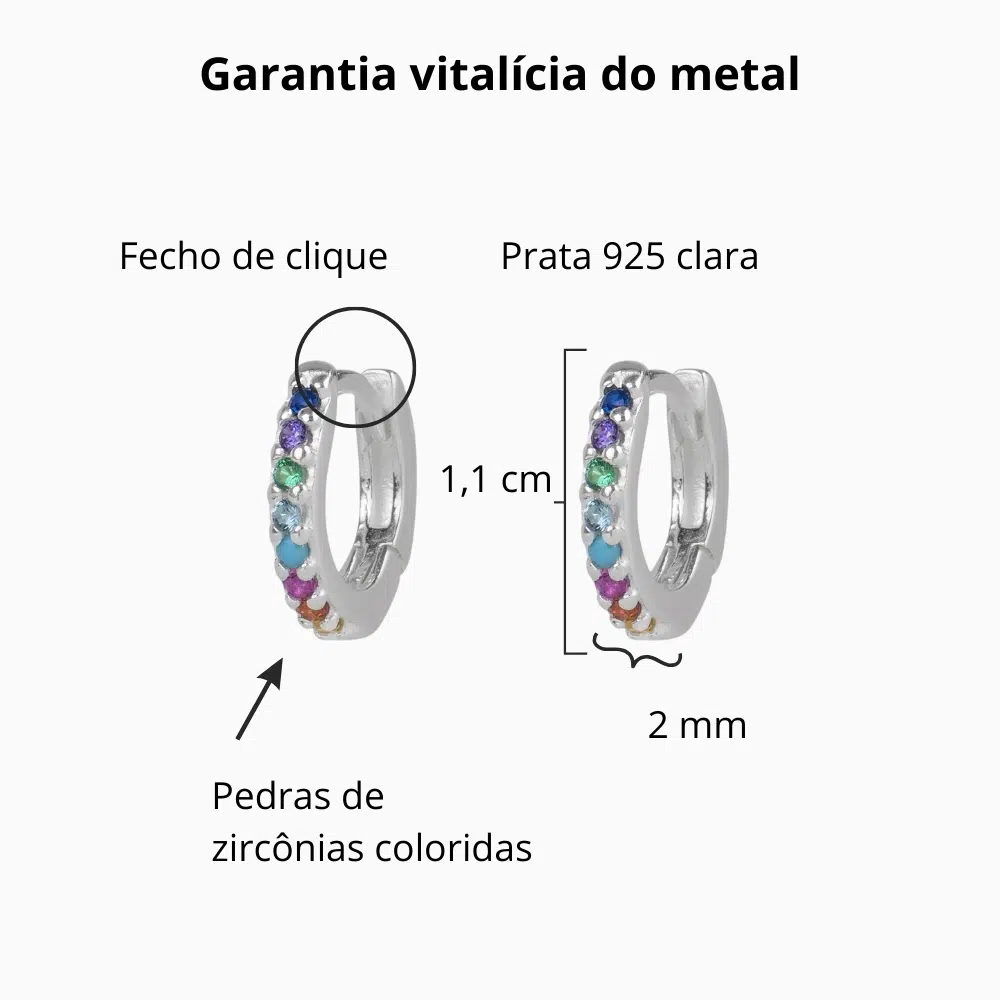 Brinco de prata 925 argola pequena cravejada com zircônias coloridas 1,1 cm - Imagem 3