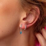 Brinco Argola Colorida Pingente Gota Azul Prata 925