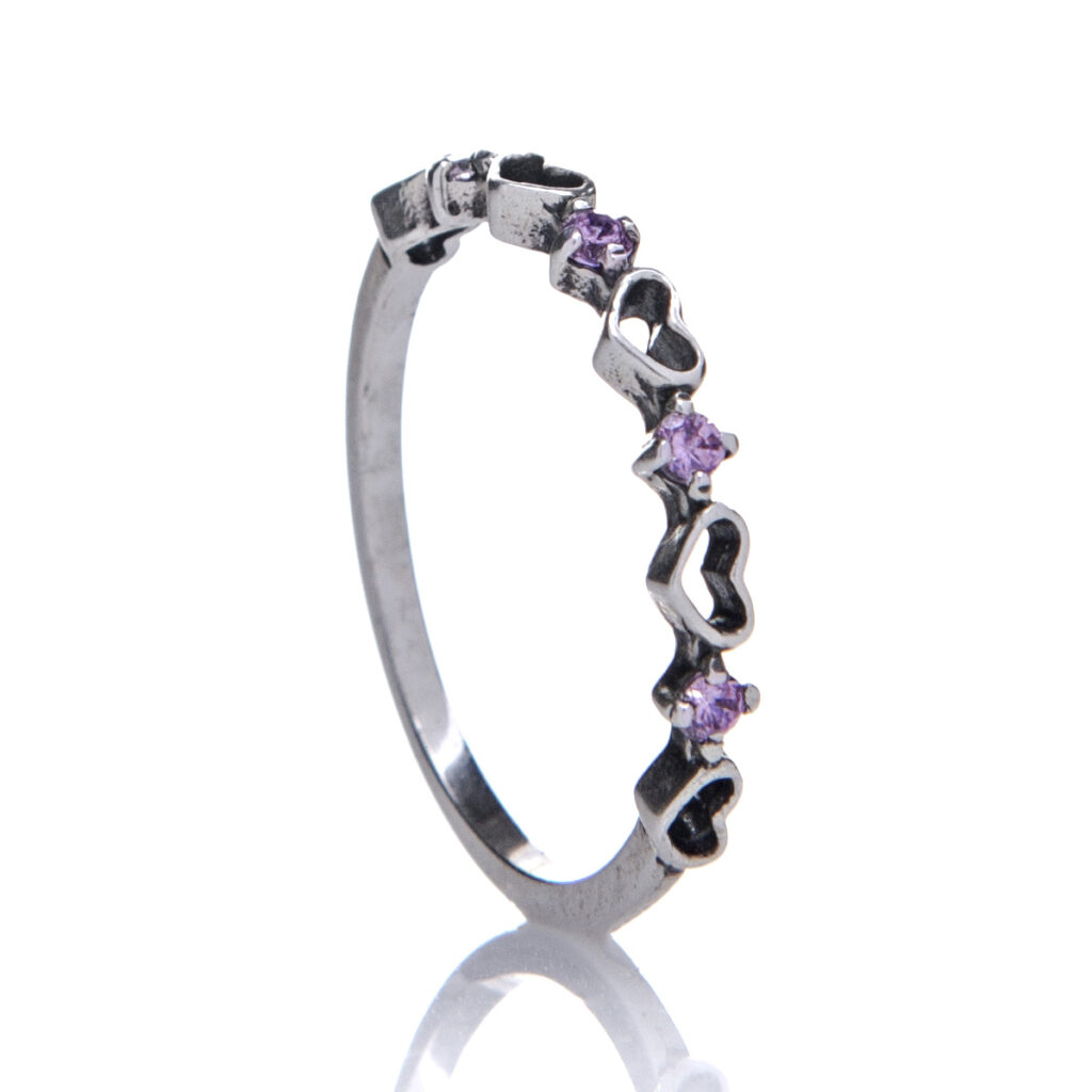 Anel de Prata Corações e Zircônias Rosa