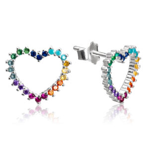 Brinco de prata coração vazado cravejado colorido