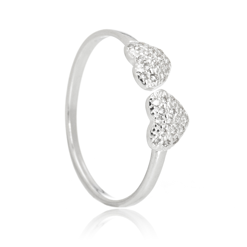 Anel de Prata Aberto Corações Cravejados