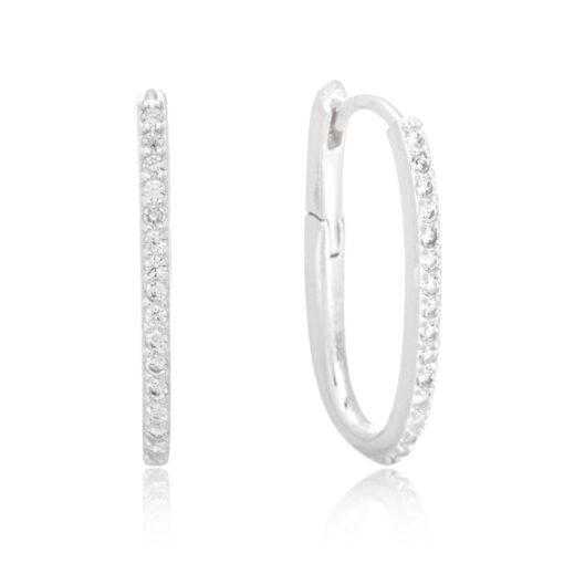 Brinco de prata 925 argola oval cravejada com zircônias brancas 2,2 cm - Imagem 1