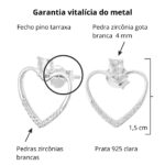 Brinco de prata 925 coração vazado cravejado e zircônia gota 1,5 cm - Imagem 3