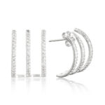 Brinco de prata 925 meia argola aro triplo cravejado com zircônias brancas 1,6 cm