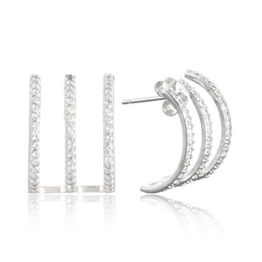 Brinco de prata 925 meia argola aro triplo cravejado com zircônias brancas 1,6 cm - Imagem 1