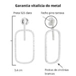 Brinco de prata 925 retangular cravejado base palito 3,4 cm - Imagem 3