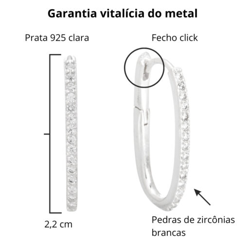 Brinco de prata 925 argola oval cravejada com zircônias brancas 2,2 cm - Imagem 4