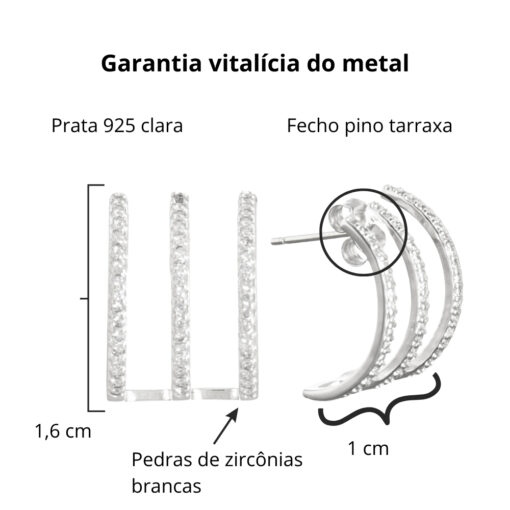 Brinco de prata 925 meia argola aro triplo cravejado com zircônias brancas 1,6 cm - Imagem 2