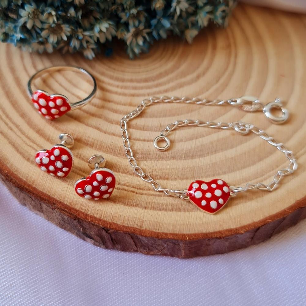2769a5acfdec2e8e8305837709dab9b7.jpg Conjunto de prata infantil coração com bolinhas brancas - Imagem 1