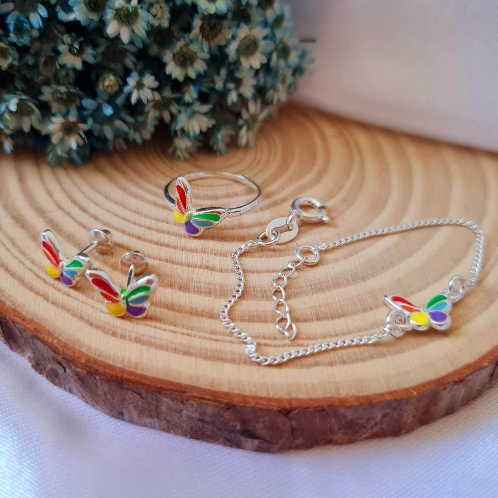 be7c9af8f5906cb3a8824fc1c6dbb100.jpg Conjunto de prata infantil borboleta colorida - Imagem 1