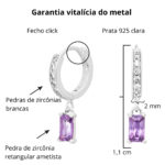 Brinco de prata 925 argola pequena cravejada zircônia retangular ametista pendurada - Imagem 4