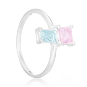 Anel de prata zircônias azul e rosa