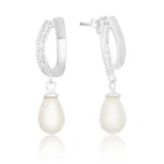 Brinco de prata base dupla cravejada com perola pendurada