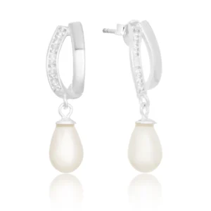 Brinco de prata base dupla cravejada com perola pendurada