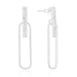 Brinco de prata fio cravejado com argola oval longa