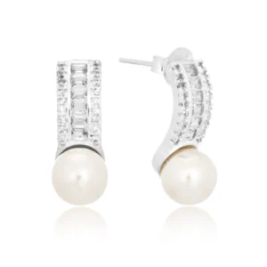 Brinco de prata fio duplo cravejado e pérola