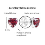 Brinco de prata 925 zircônia coração rubi - Imagem 3