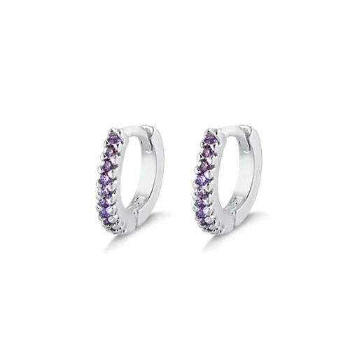 Brinco de prata 925 argola pequena cravejada ametista 1,2 cm - Imagem 1