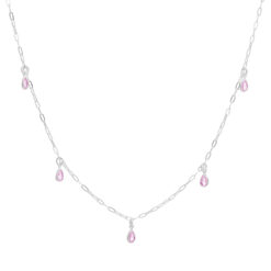 Colar de prata 925 zircônias gotas penduradas rosa 45 cm + extensor
