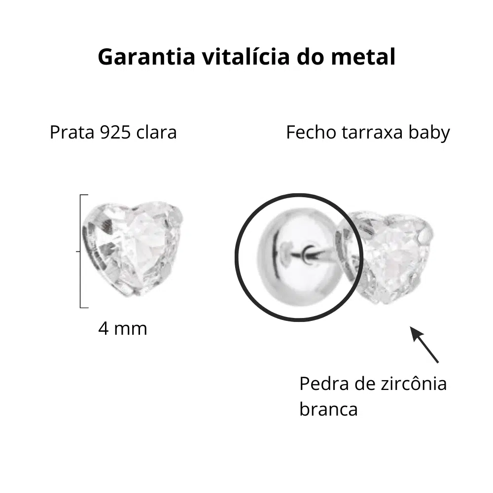 Brinco de prata tarraxa baby zircônia coração cristal - Imagem 3