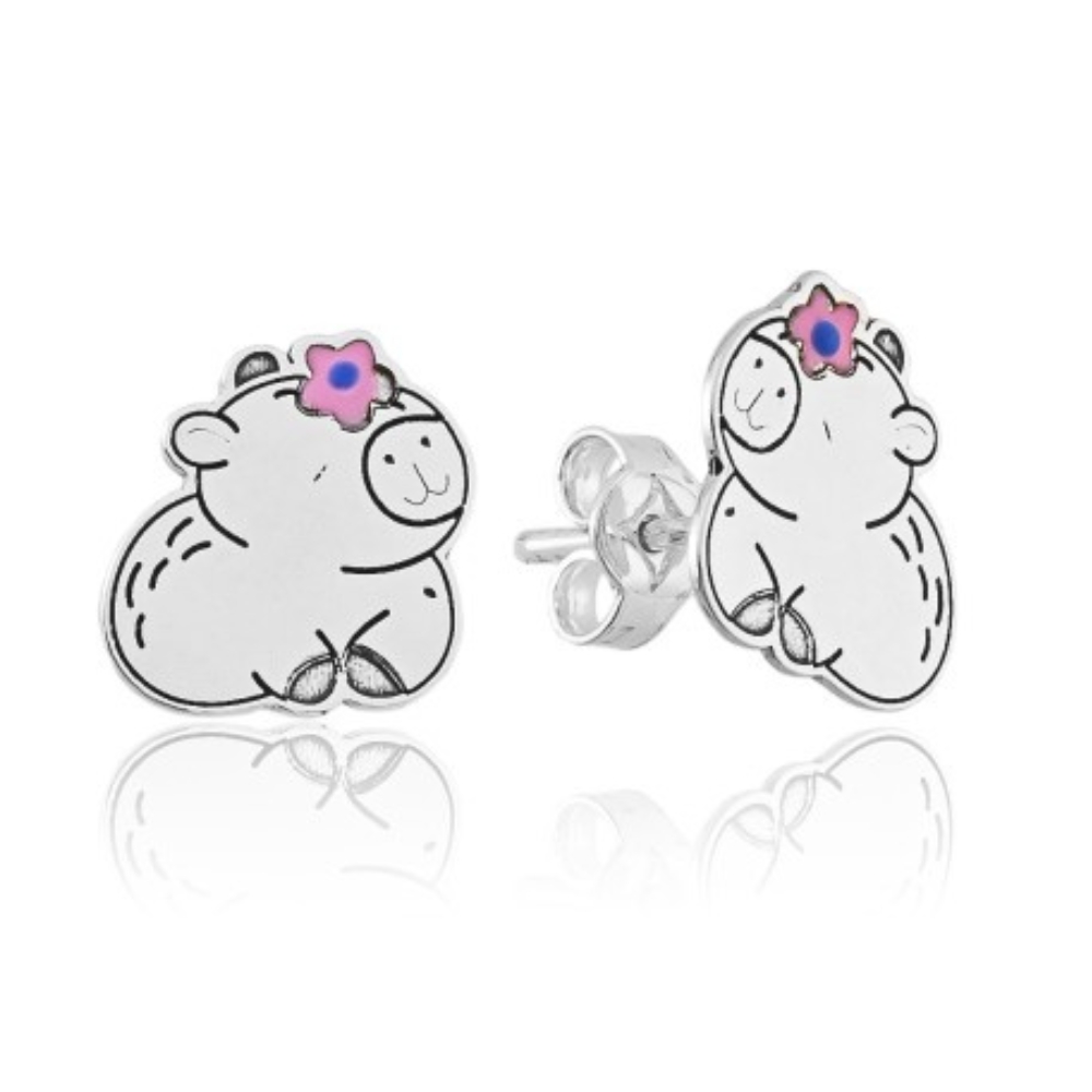 brinco-de-prata-capybara-flor-rosa Brinco de prata 925 capivara flor cor de rosa - Imagem 1