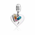 Berloque pingente duplo coração liso e coração cravejado colorido aço inox