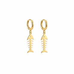 Brinco argola clique pingente espinha peixe banhado a ouro 18k