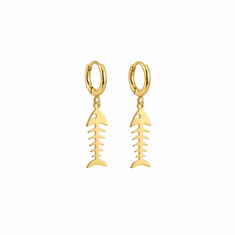 Brinco argola clique pingente espinha peixe banhado a ouro 18k
