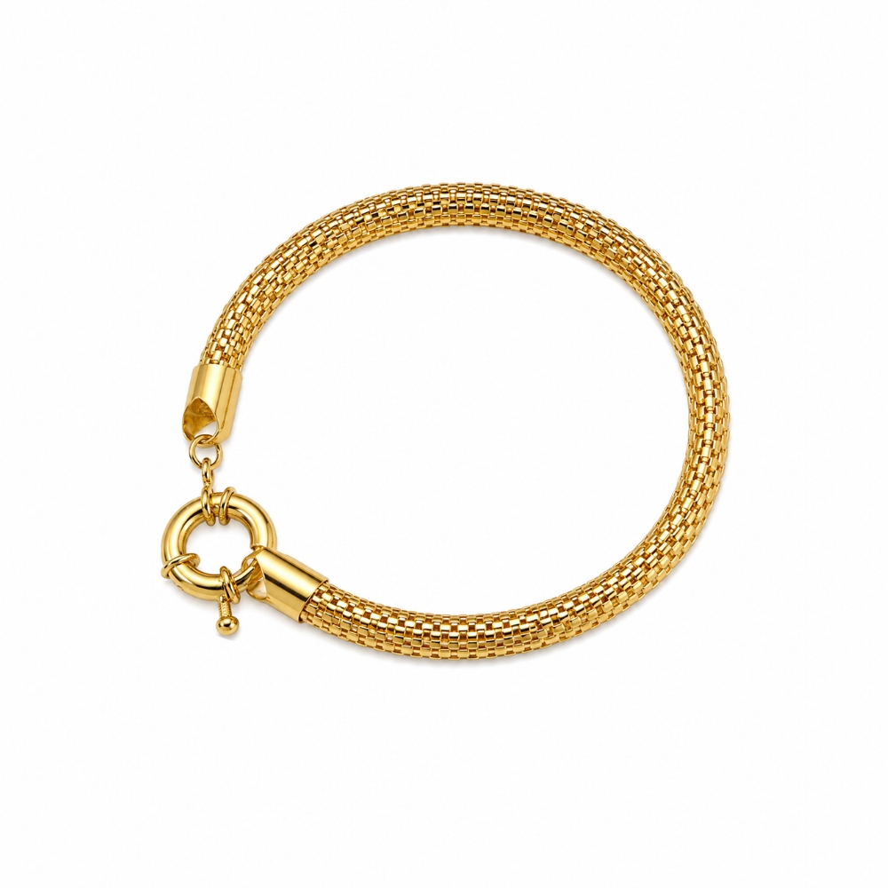 o171-pulseira-malha-tela-fecho-boia-banhado-ouro-18k Pulseira malha tela fecho boia banhado a ouro 18k - Imagem 1