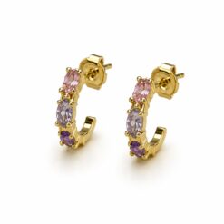 Brinco argola zircônias navete coloridas banhado a ouro 18k
