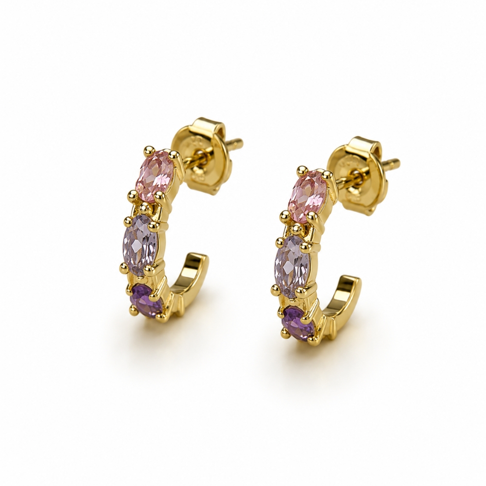 Brinco argola zircônias navete coloridas banhado a ouro 18k