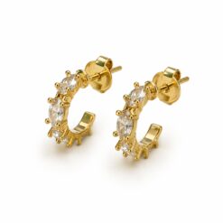Brinco meia argola tarraxa com quatro zircônias cristal banhado a ouro 18k